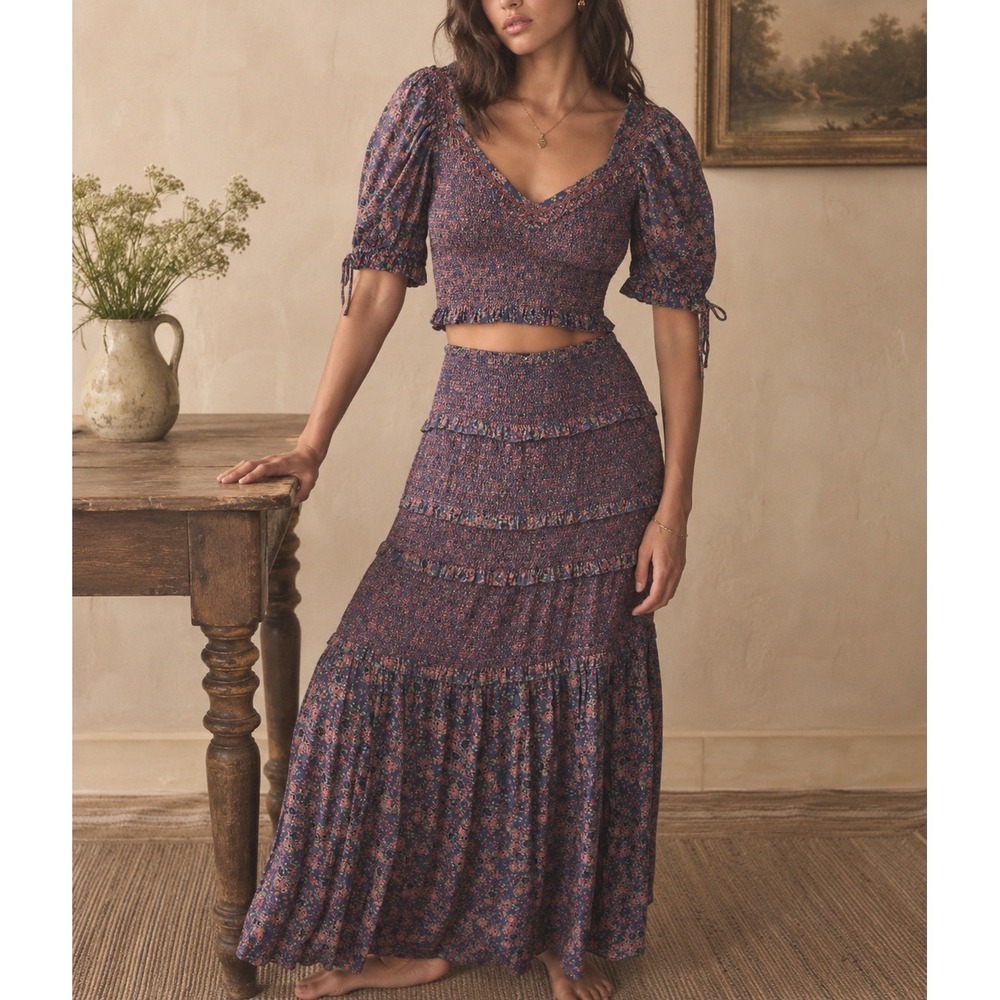 Loveshackfancy Blue‎ Floral Smocked Coquette Tilly Cropped Top & Iva Skirt Set